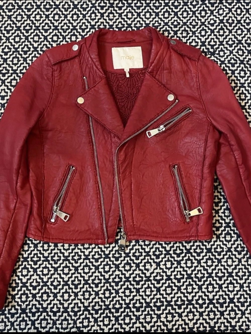 Maje Women’s Red Leather Motorcycle Jacket Lace Lined France 36